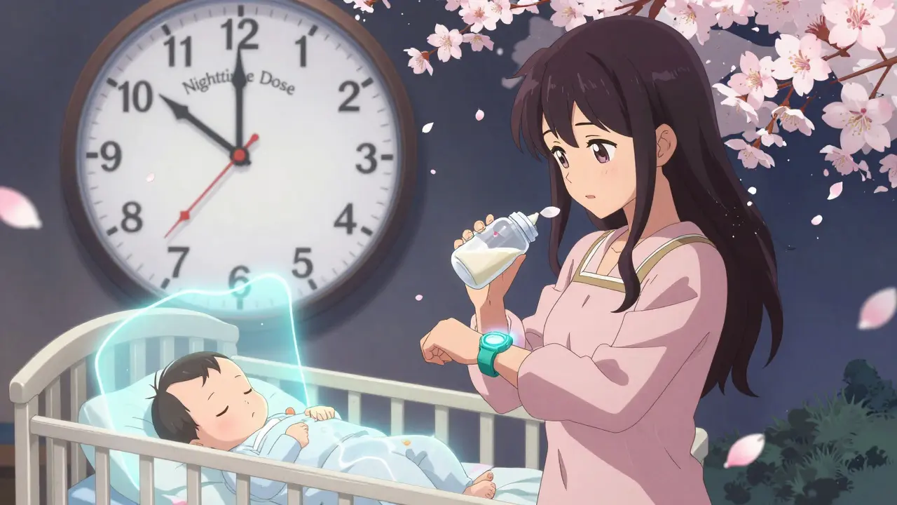 A mother takes medication after feeding, as it transforms into petals while her baby sleeps safely.