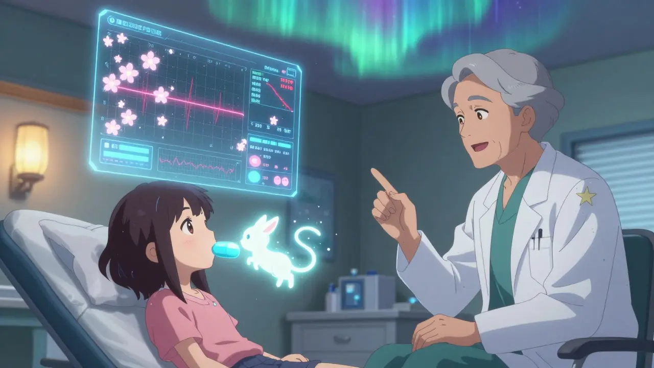 A patient swallows a glowing capsule as holographic manometry data blooms like cherry blossoms above.