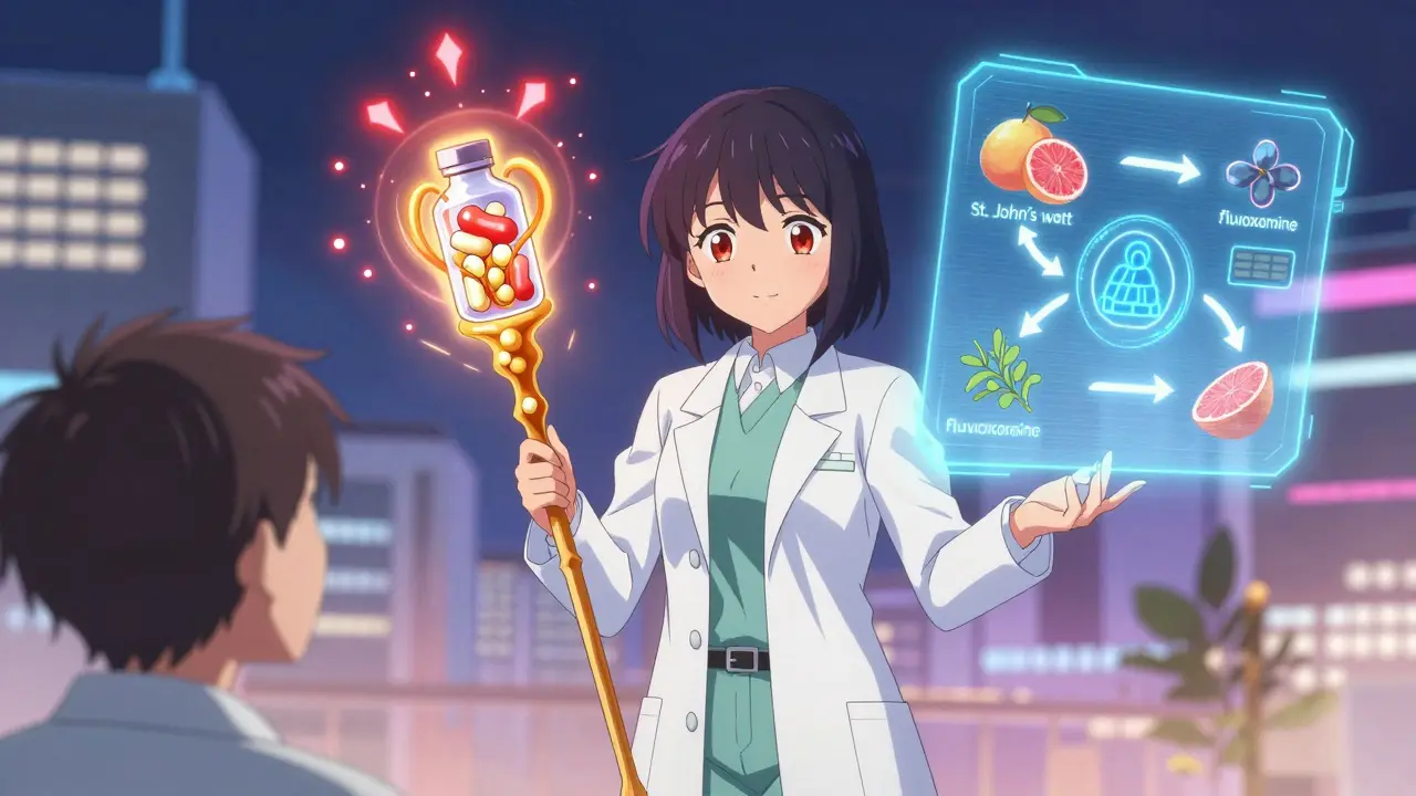 A pharmacist-magical guardian casting a protective spell over medicine bottles as an AI hologram analyzes dangerous drug interactions.