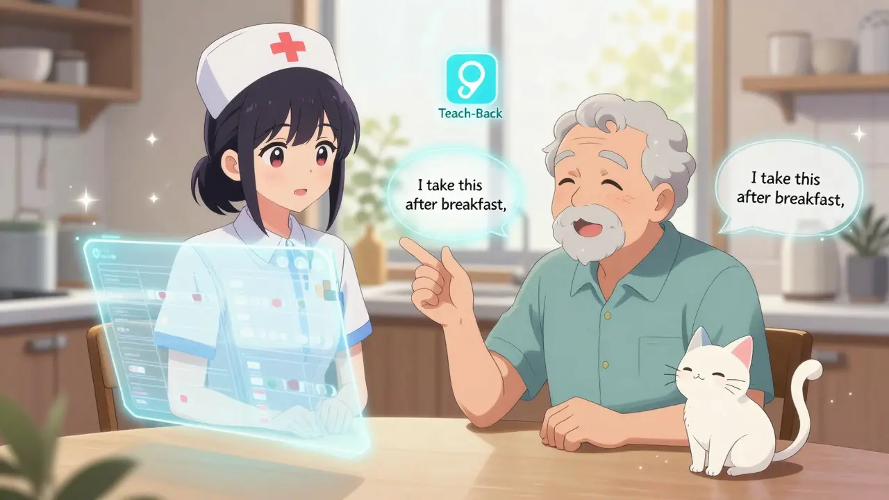 A senior and nurse review medication schedules together with floating holograms and a purring magical cat.