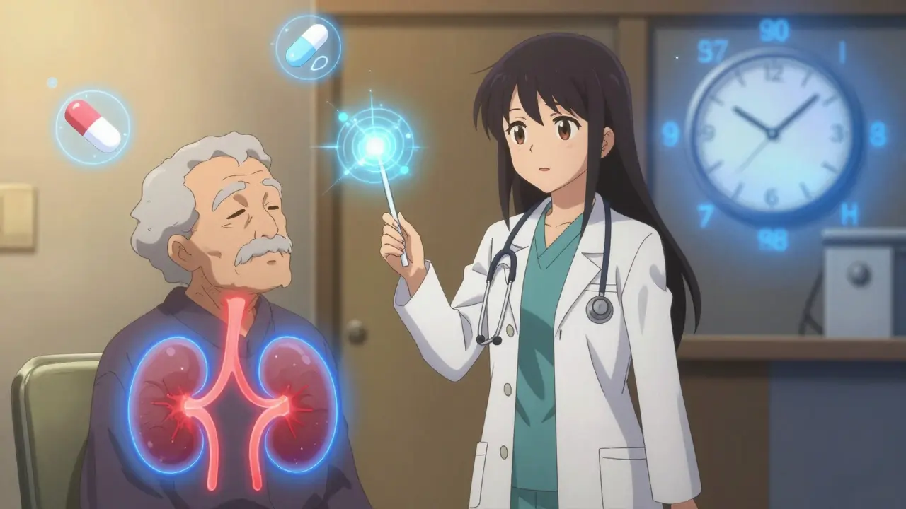 An elderly patient with glowing energy lines showing drug levels and kidney function, watched over by a medical wizard with a glowing stethoscope.