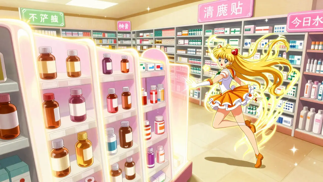 Animated pharmacist creates magical barriers separating medications on shelves