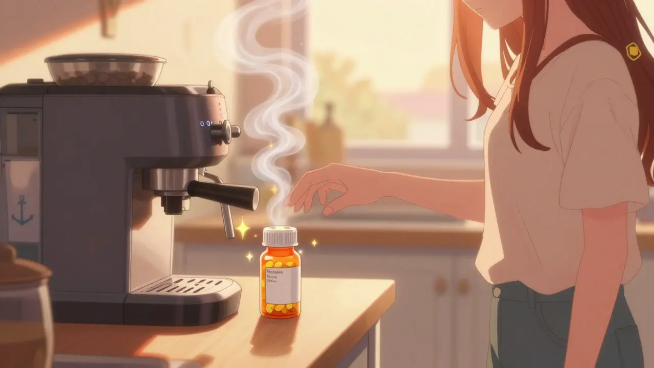 Character reaching for pills beside a steaming coffee maker.
