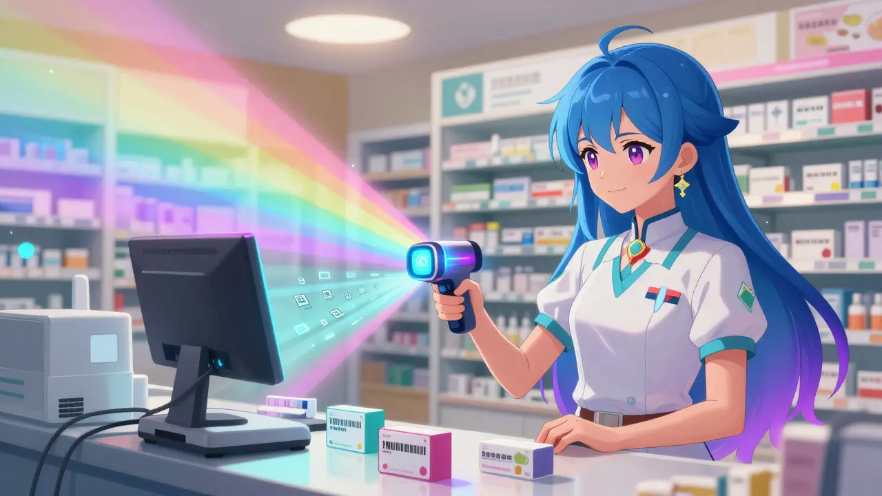 Girl scans medicines with glowing barcode scanner at pharmacy counter