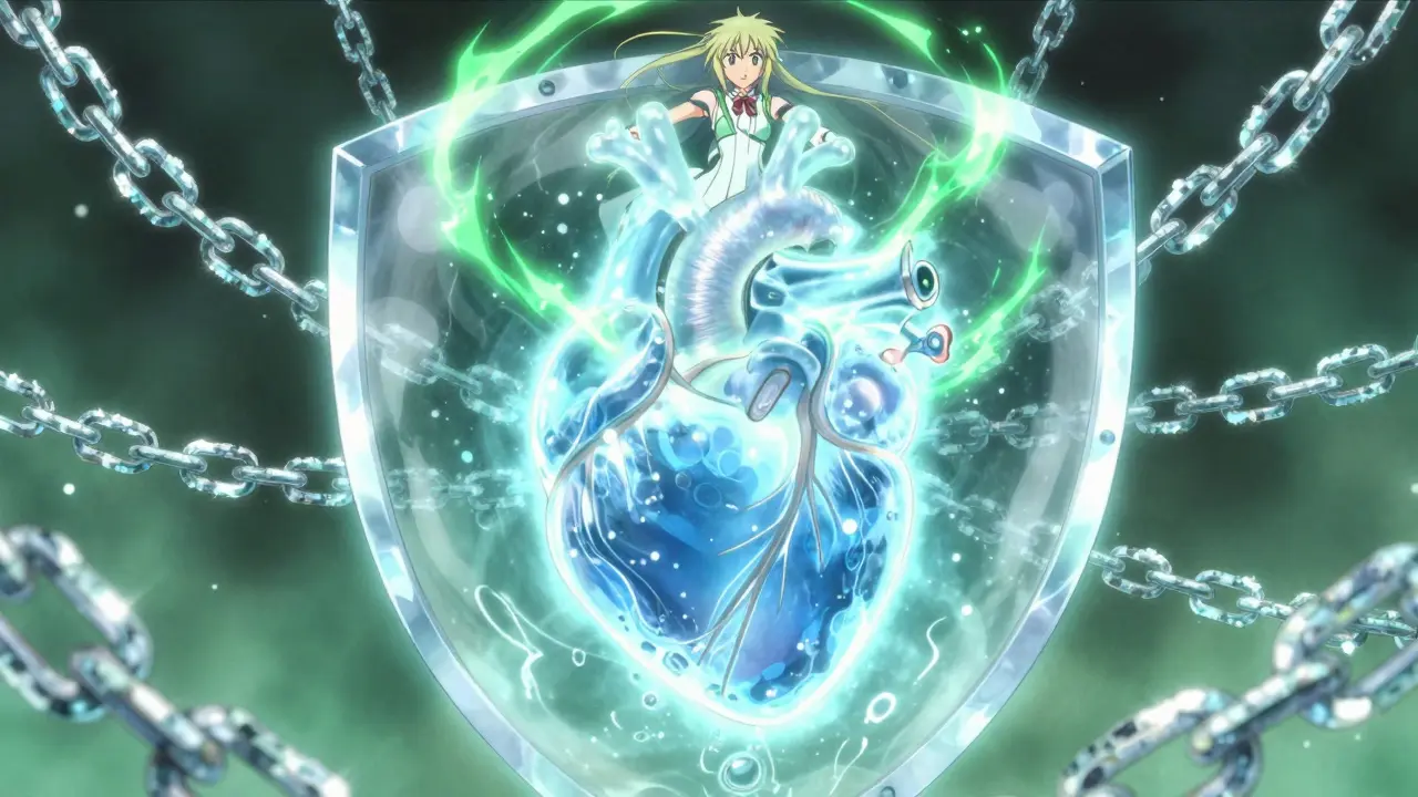 Glowing heart protected by shield from tightening salt chains.