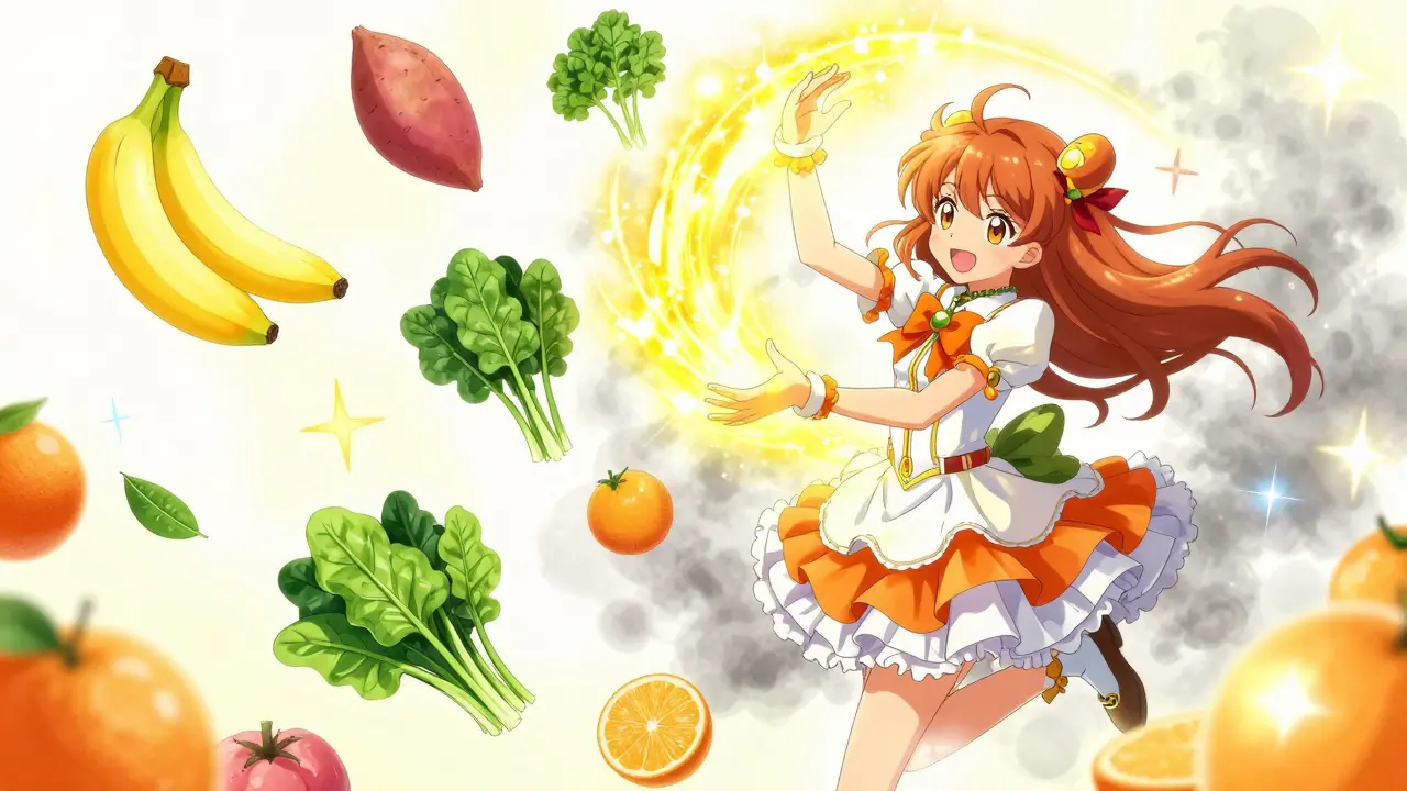 Heroine surrounded by floating fresh fruits and vegetables.