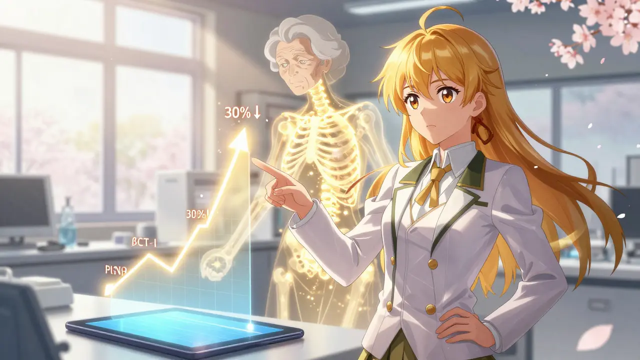 Magical girl pointing at a glowing graph showing PINP rising and β-CTX-I falling, transforming an elderly woman into a healthy one.