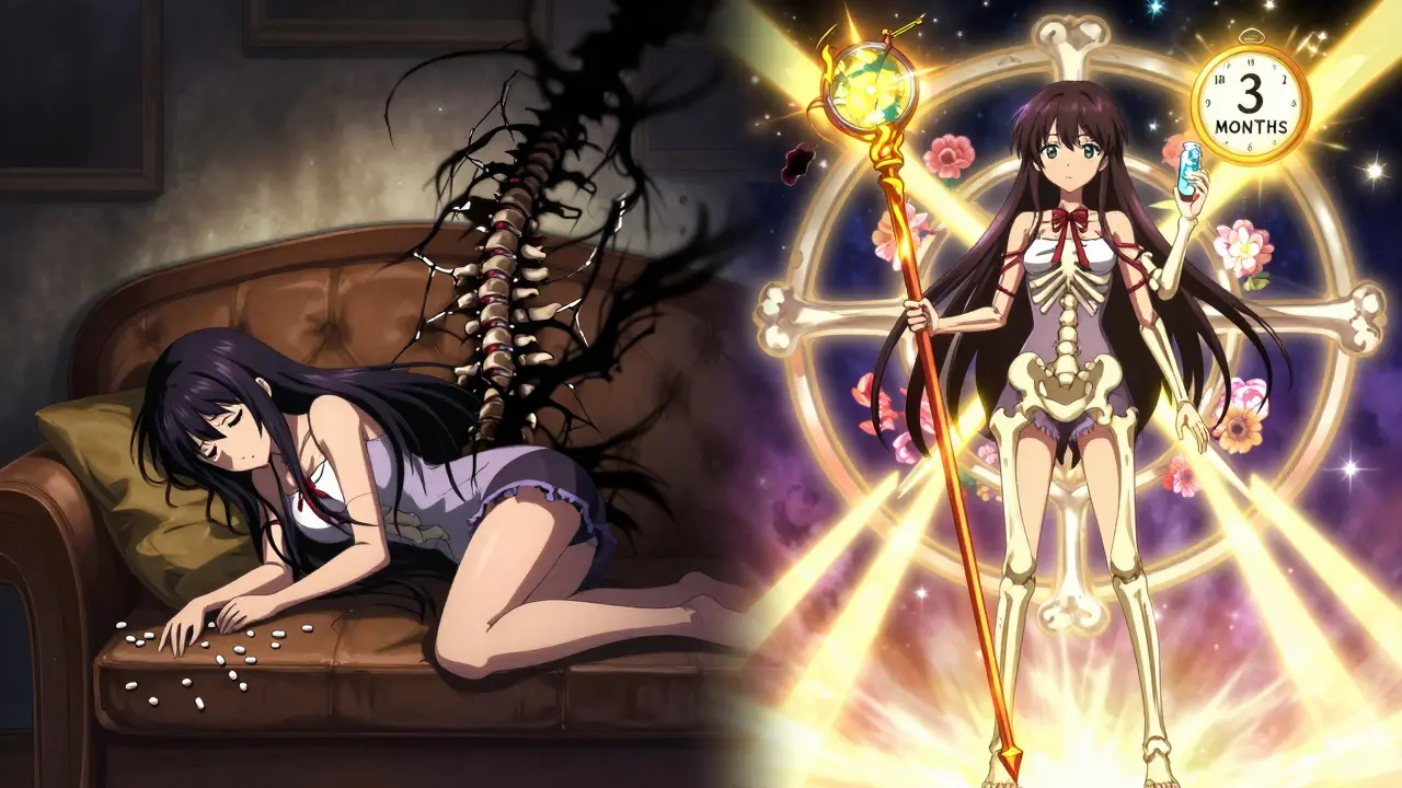 Split scene: one side shows dark, cracked bones from non-adherence, other side shows magical bone healing with golden energy and a 3-month clock.