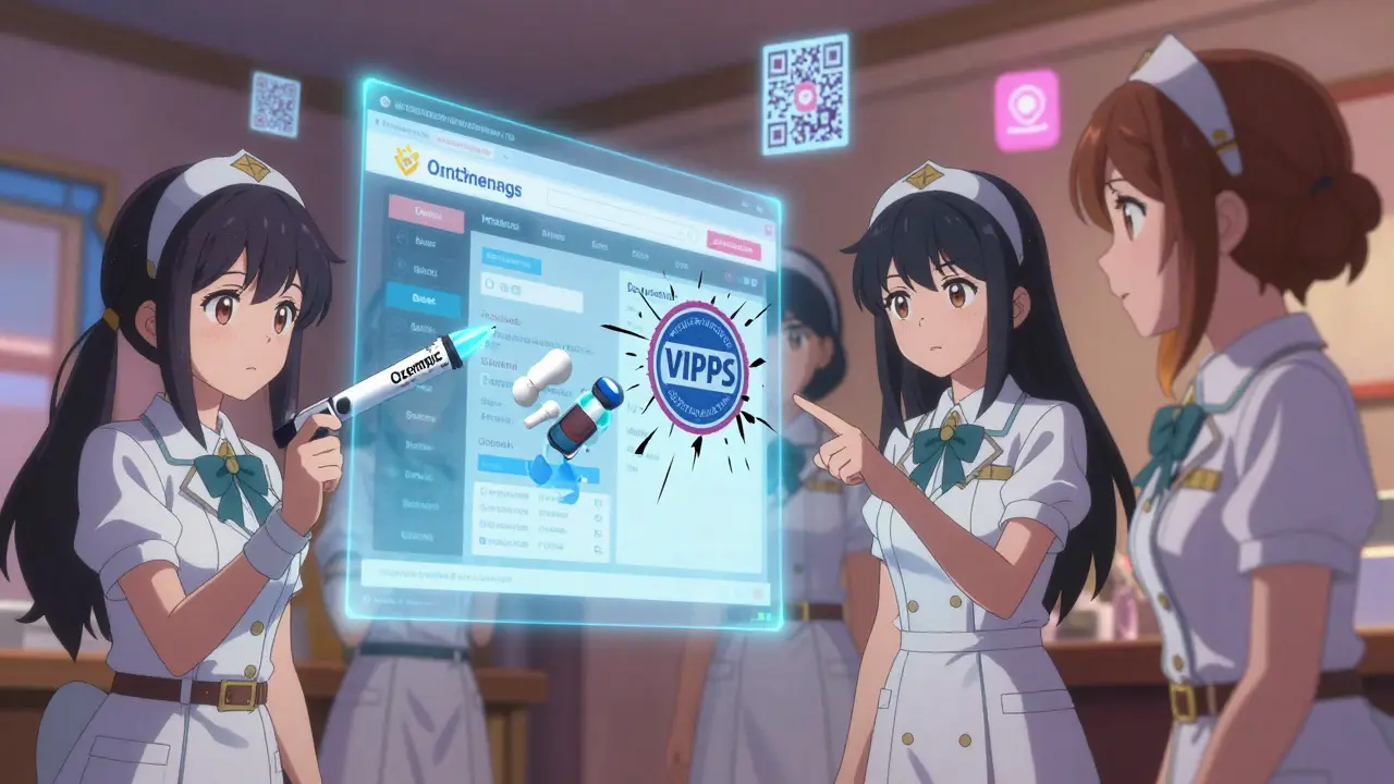 Three girls scan a holographic fake pharmacy website, revealing toxic contaminants in counterfeit drugs.