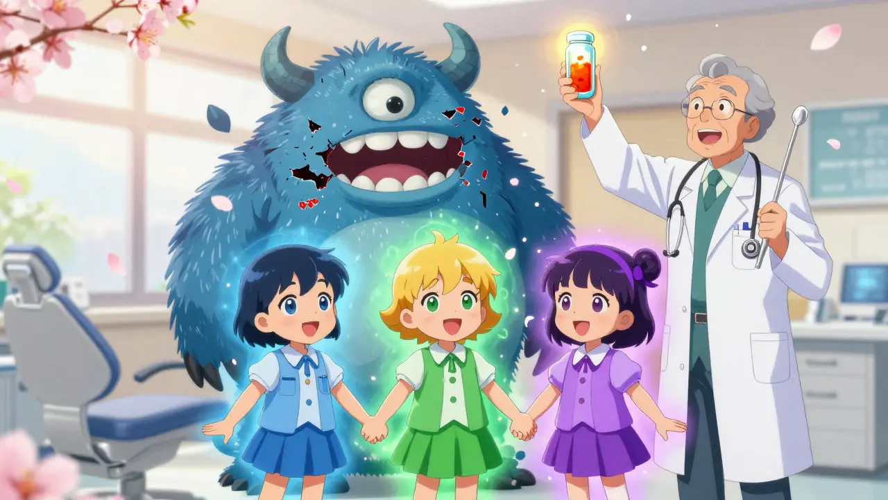 Three young patients stand united against a 'Stop Meds' monster, protected by their blood thinner auras and a dentist's healing potion.