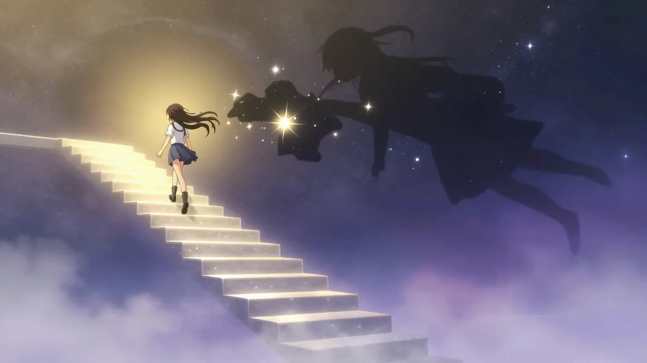 Anime character climbing a glowing staircase toward a sunrise, symbolizing a gradual recovery process.