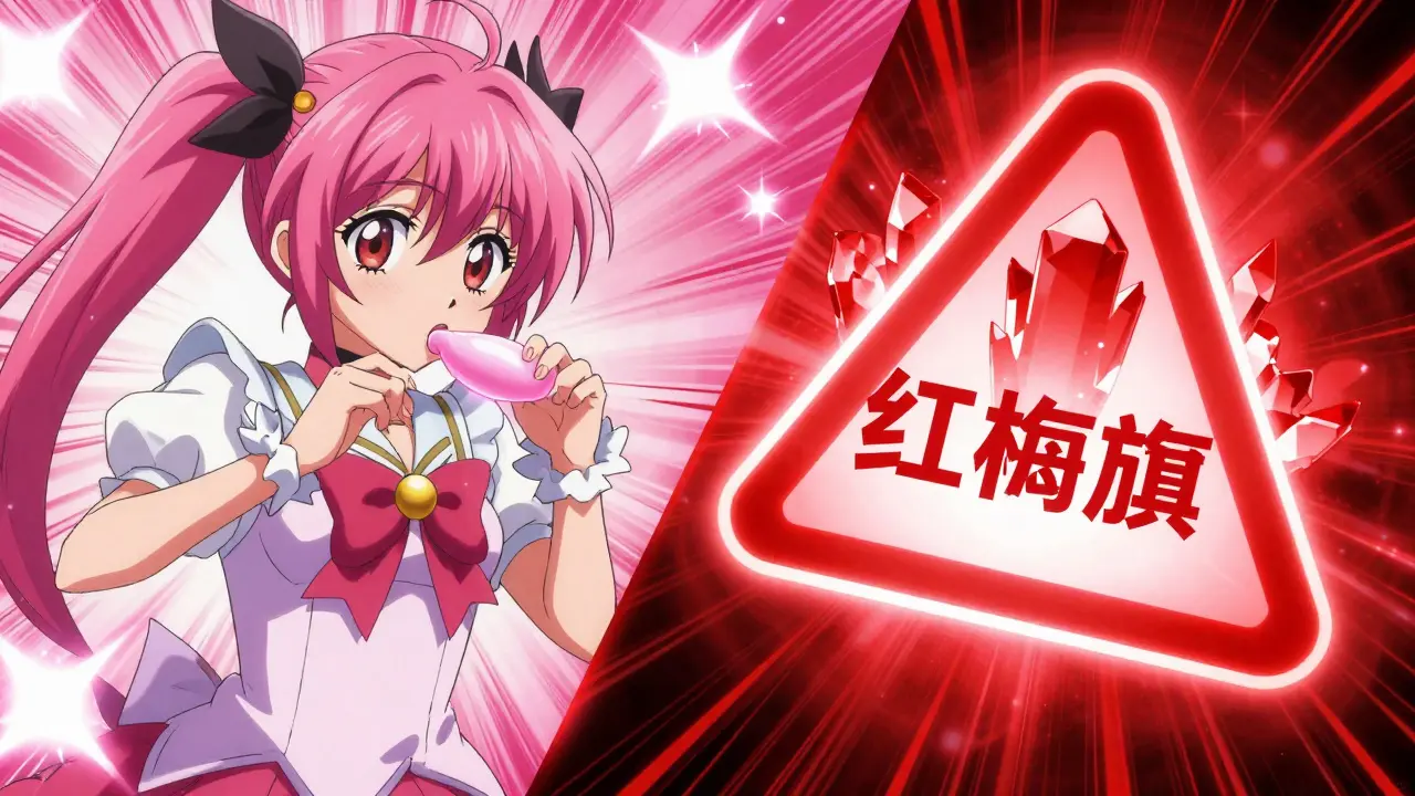 Anime character with a red warning sign and a piece of gum