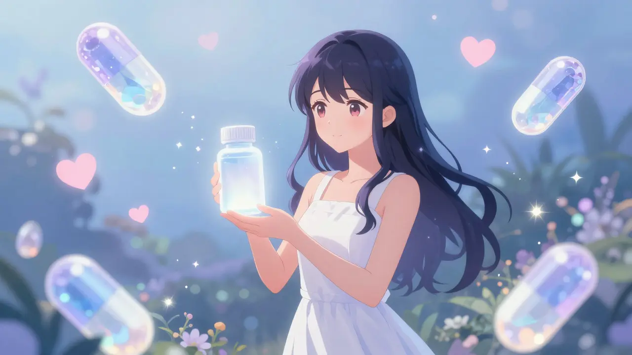 Anime girl holding a glowing generic medicine bottle in a peaceful, sparkling garden.