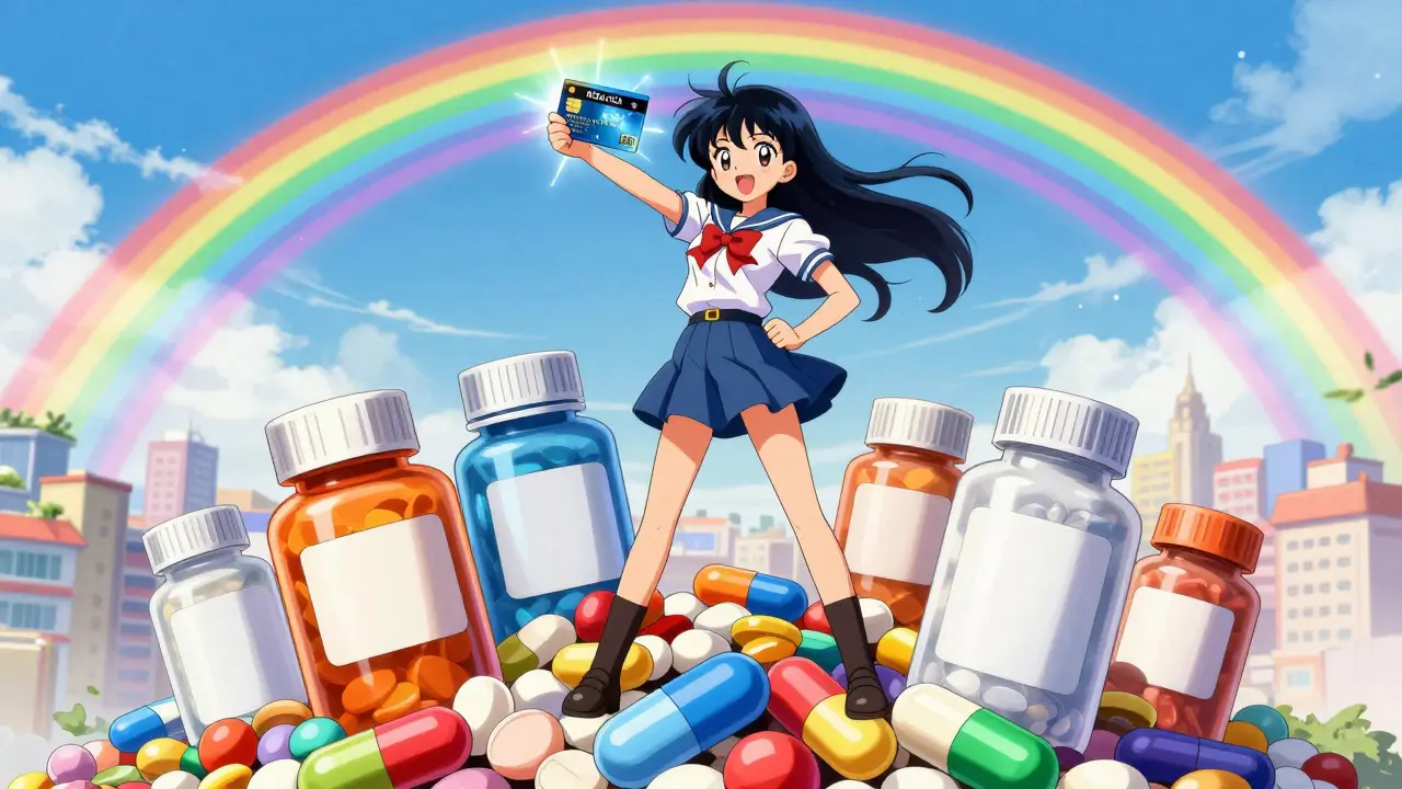 Anime magical girl holding a sparkling payment card triumphantly over a pile of medicine bottles.