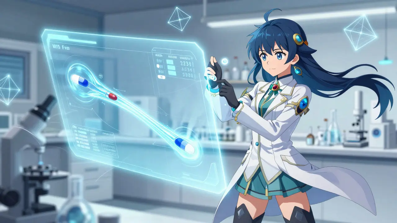 Cute anime scientist verifying magical energy flow between two medicine molecules