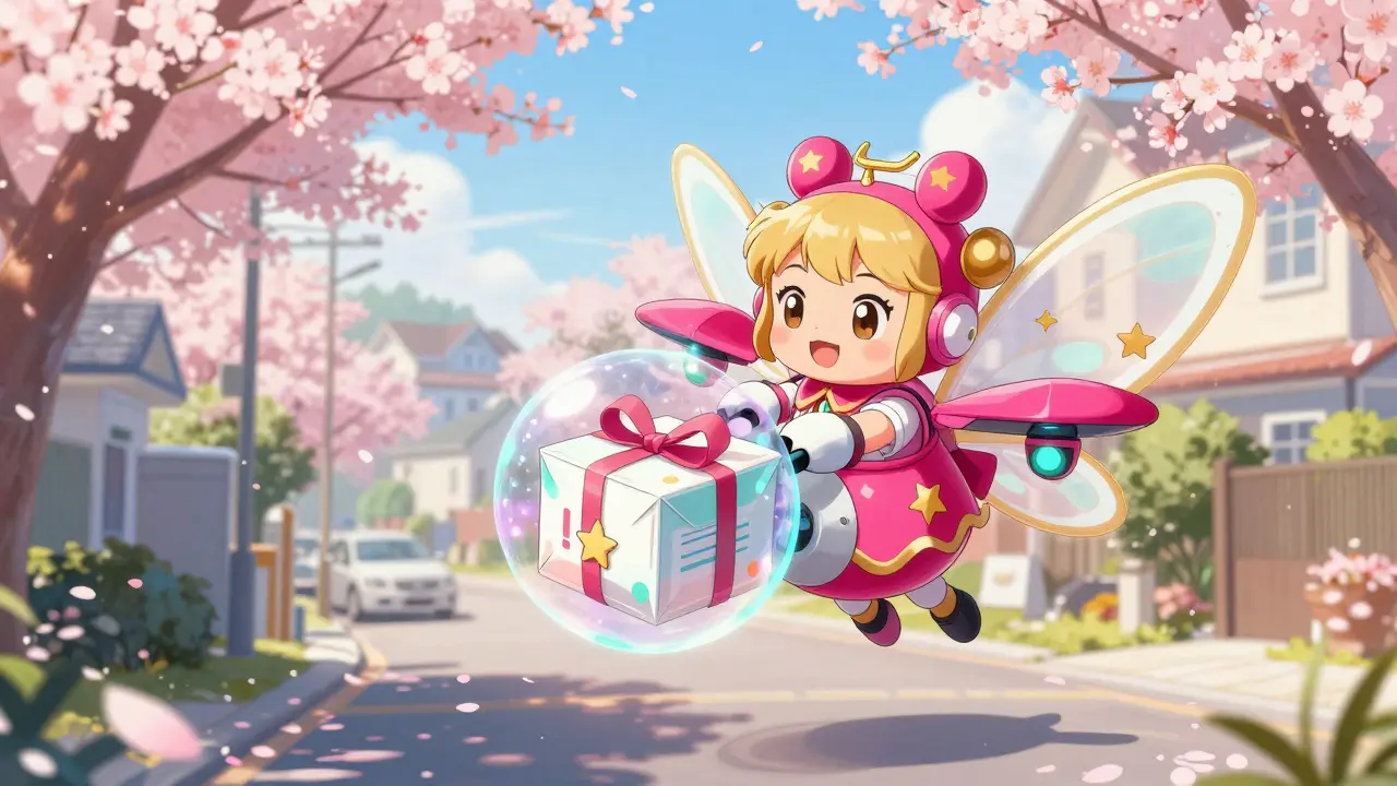 Cute magical fairy drone delivering a medical package in a shimmering bubble