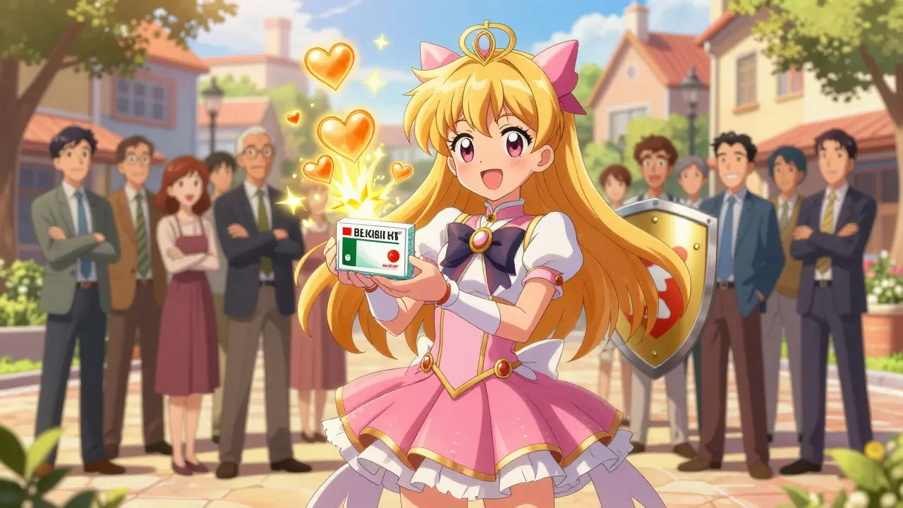 Happy magical girl holding generic medicine bag with sparkles symbolizing savings