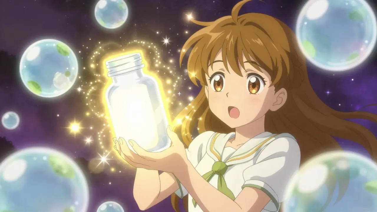 Magical girl anime character holding a glowing white medicine bottle surrounded by bubbles.