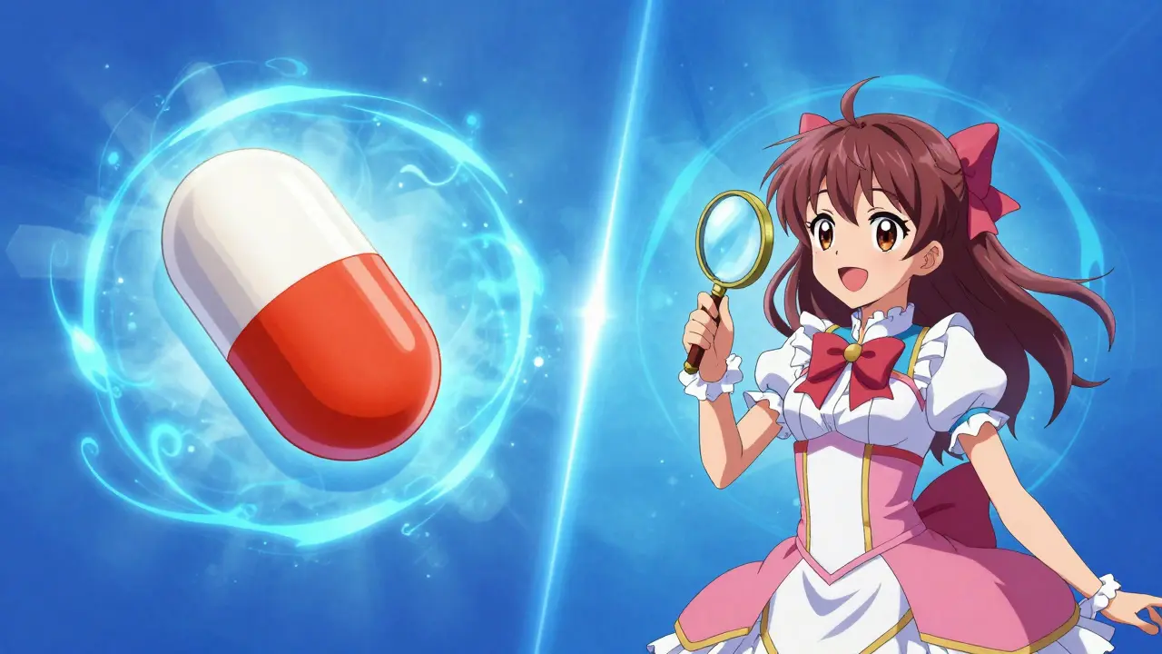 Magical girl comparing two different looking pills that share the same glowing energy aura.