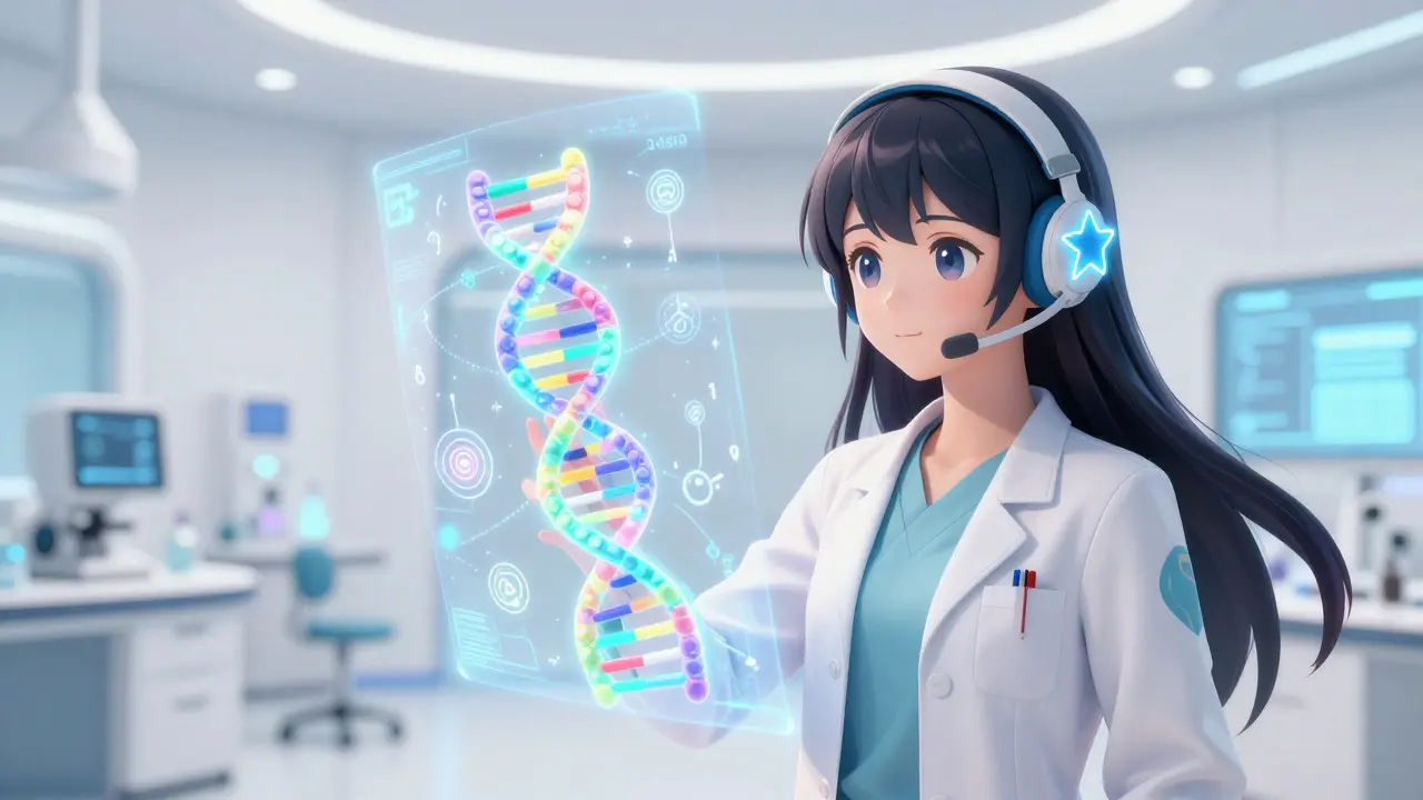 Magical girl doctor analyzing a glowing holographic DNA helix for personalized dosing.