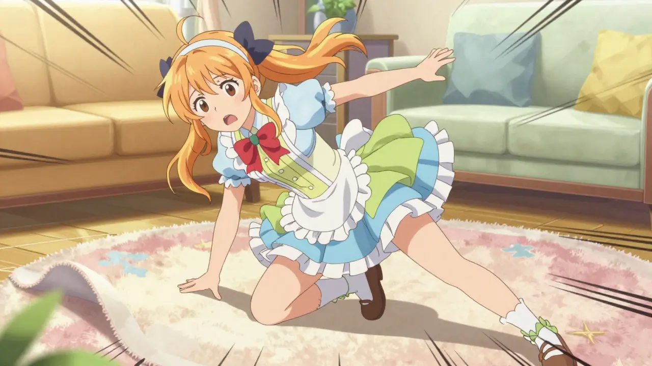 Magical girl in a pastel room losing her balance and stumbling, illustrating fall risks.
