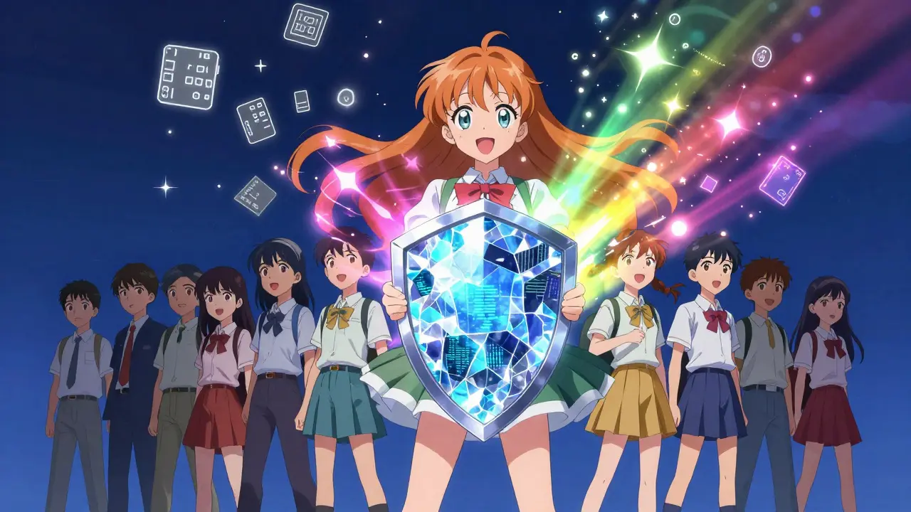 Magical girl protecting diverse students with a data shield to overcome digital inequality.