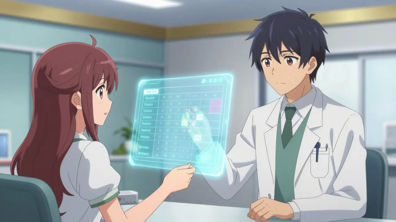 Magical girl showing a holographic symptom chart to her doctor