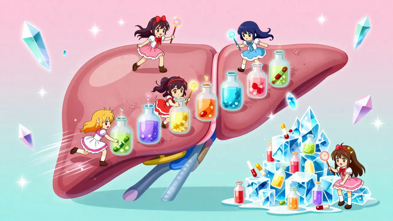 Magical girl spirits acting as enzymes in a colorful alchemy lab representing metabolism.