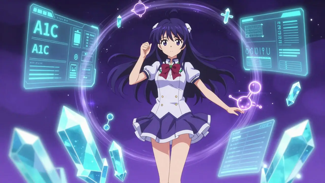 Magical girl surrounded by holographic medical data and glowing crystals.