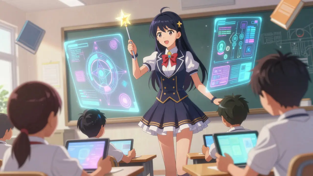 Magical girl teacher using a star wand to create holographic AI learning tools for students.