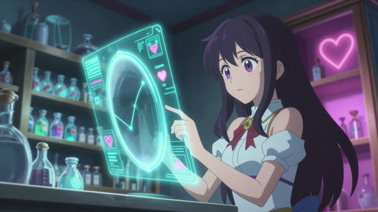 Magical girl using a glowing holographic mirror to monitor health data in an alchemy shop.