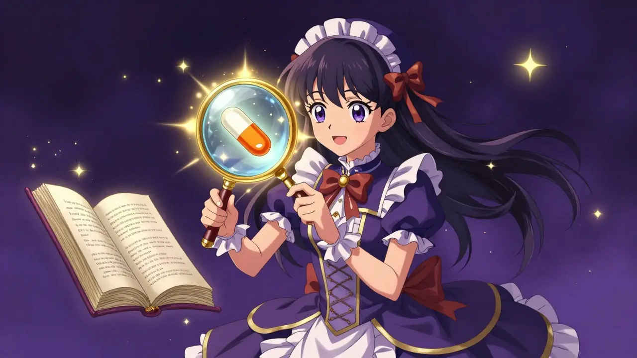 Magical girl using a glowing magnifying glass to inspect a medication tablet for safety