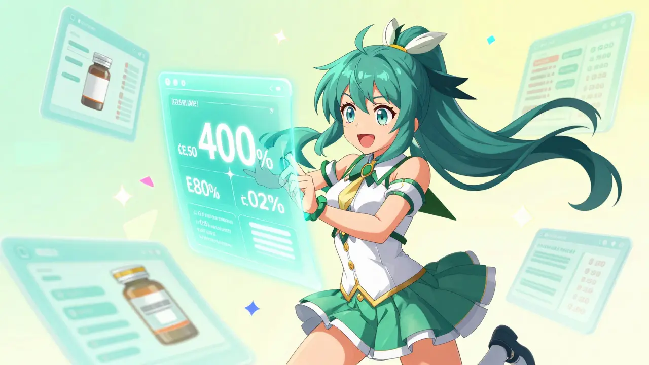 Magical girl using a holographic screen to compare discount medication prices.