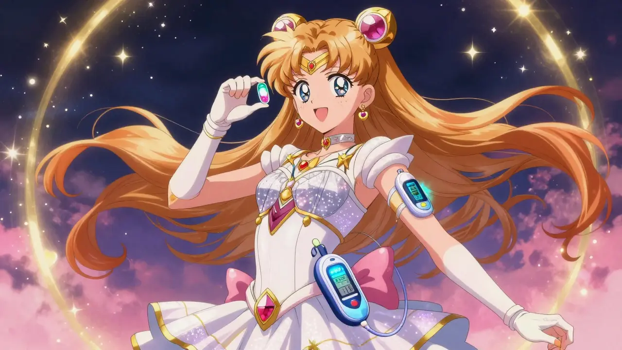 Magical girl with an enchanted insulin pump and CGM sensor against a starry sky.