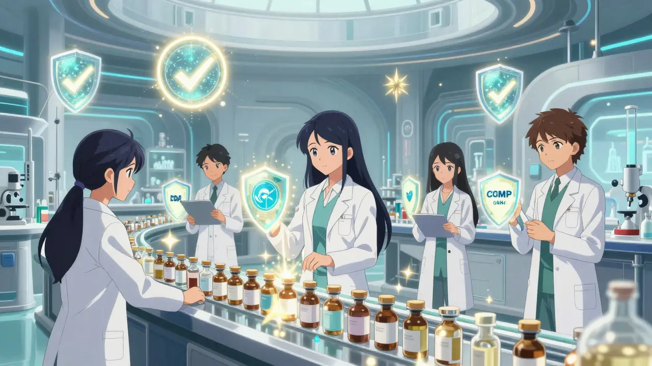 Magical girls in a high-tech whimsical lab ensuring the quality and safety of generic drug production.