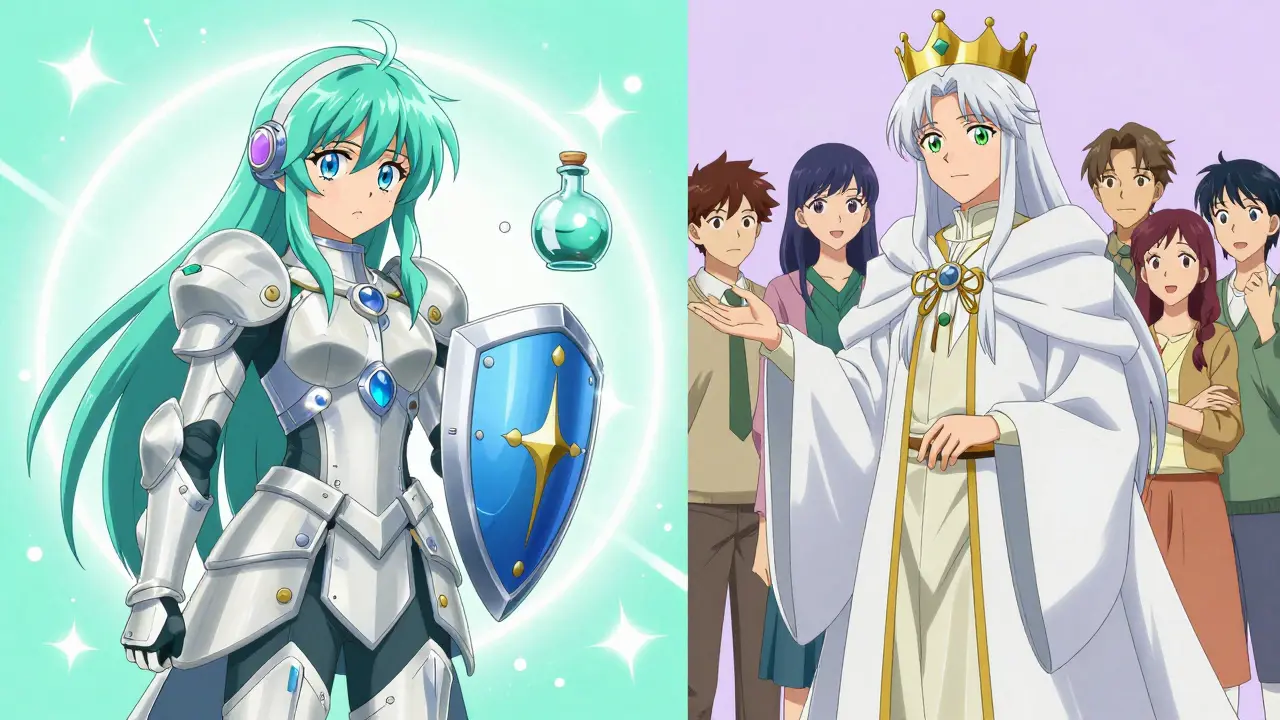 Split screen anime art of a cautious armored magical guardian and a calm royal figure.