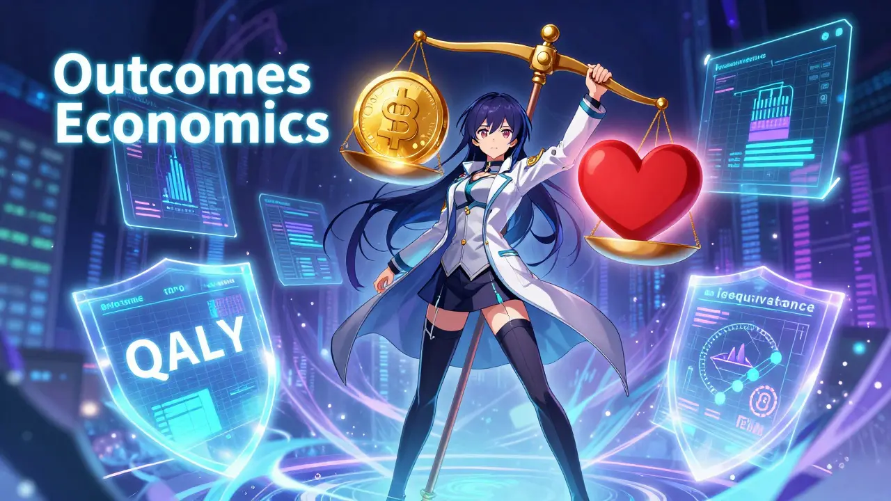 Anime character balancing cost and health outcomes with magic scales