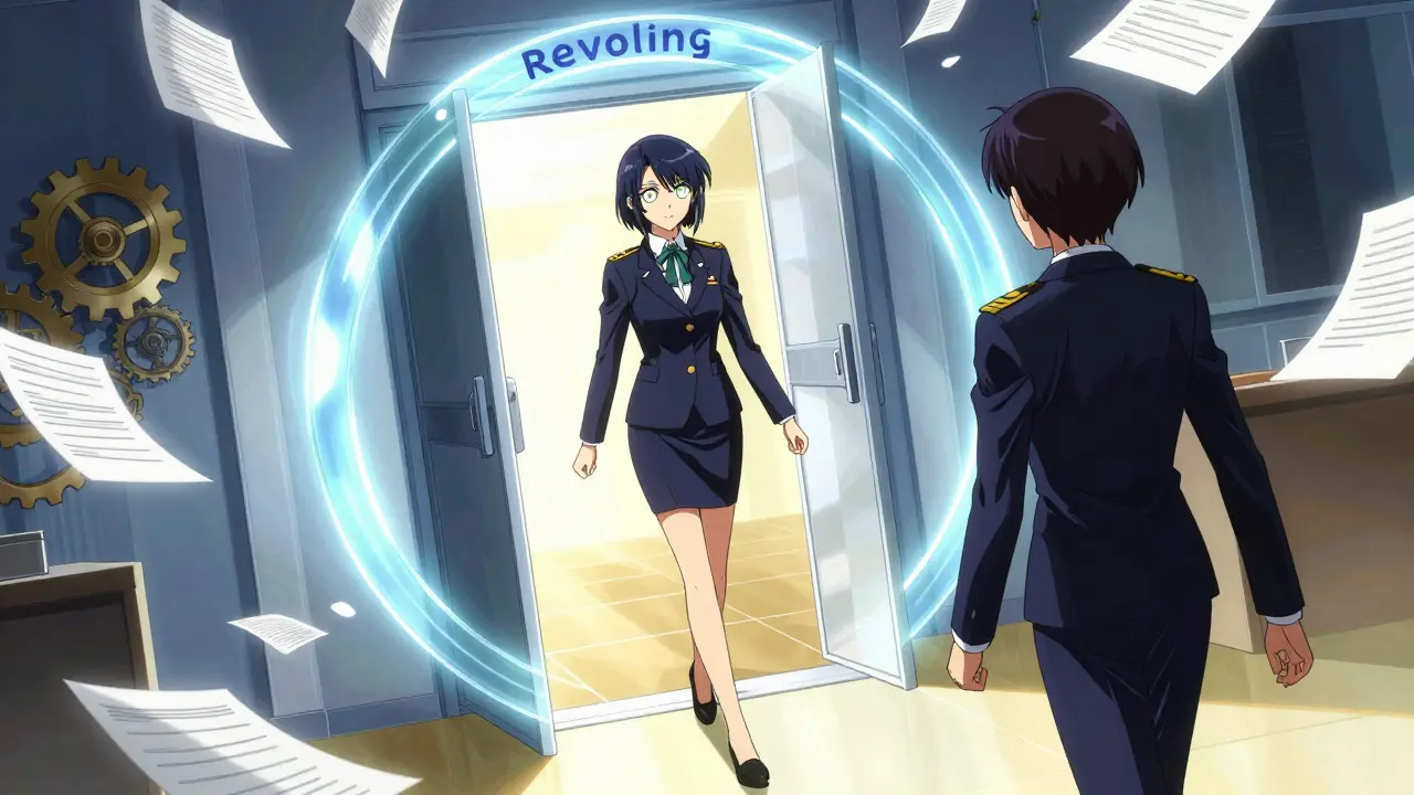 Anime depiction of regulators transforming into corporate executives through a revolving door portal.