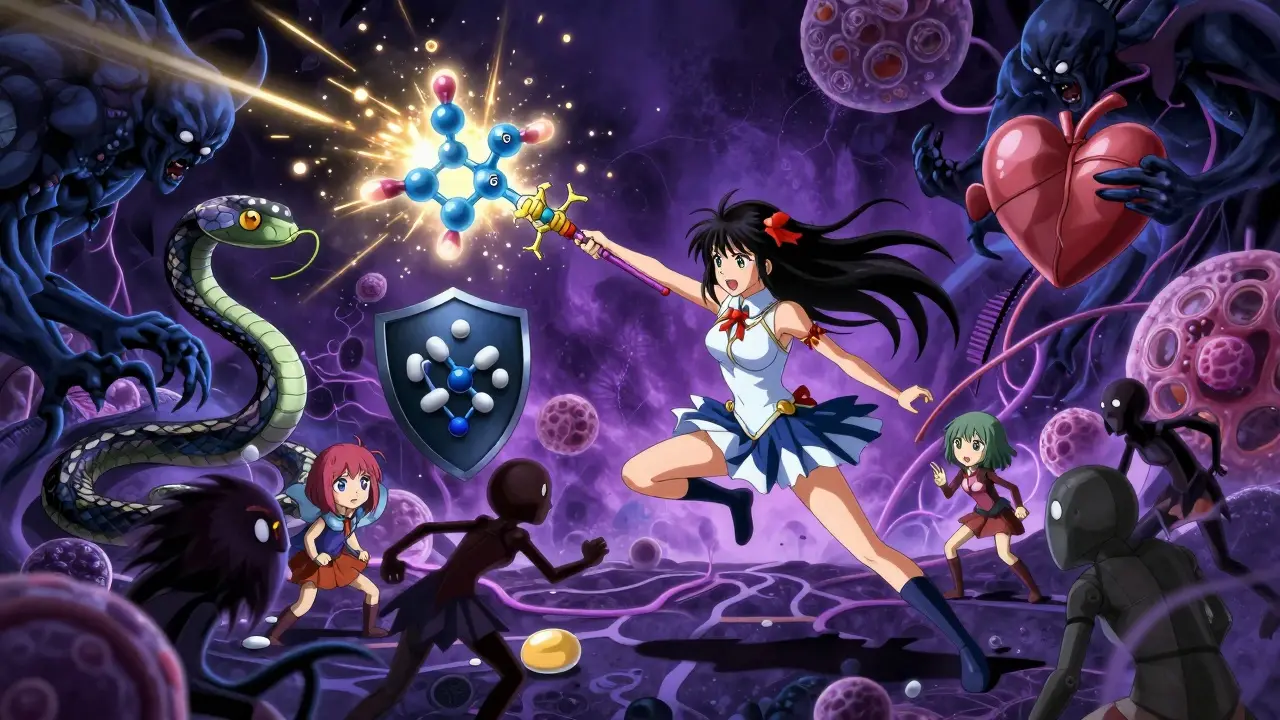 Anime heroine fighting shadow monsters representing drug interactions with enzyme magic staff.