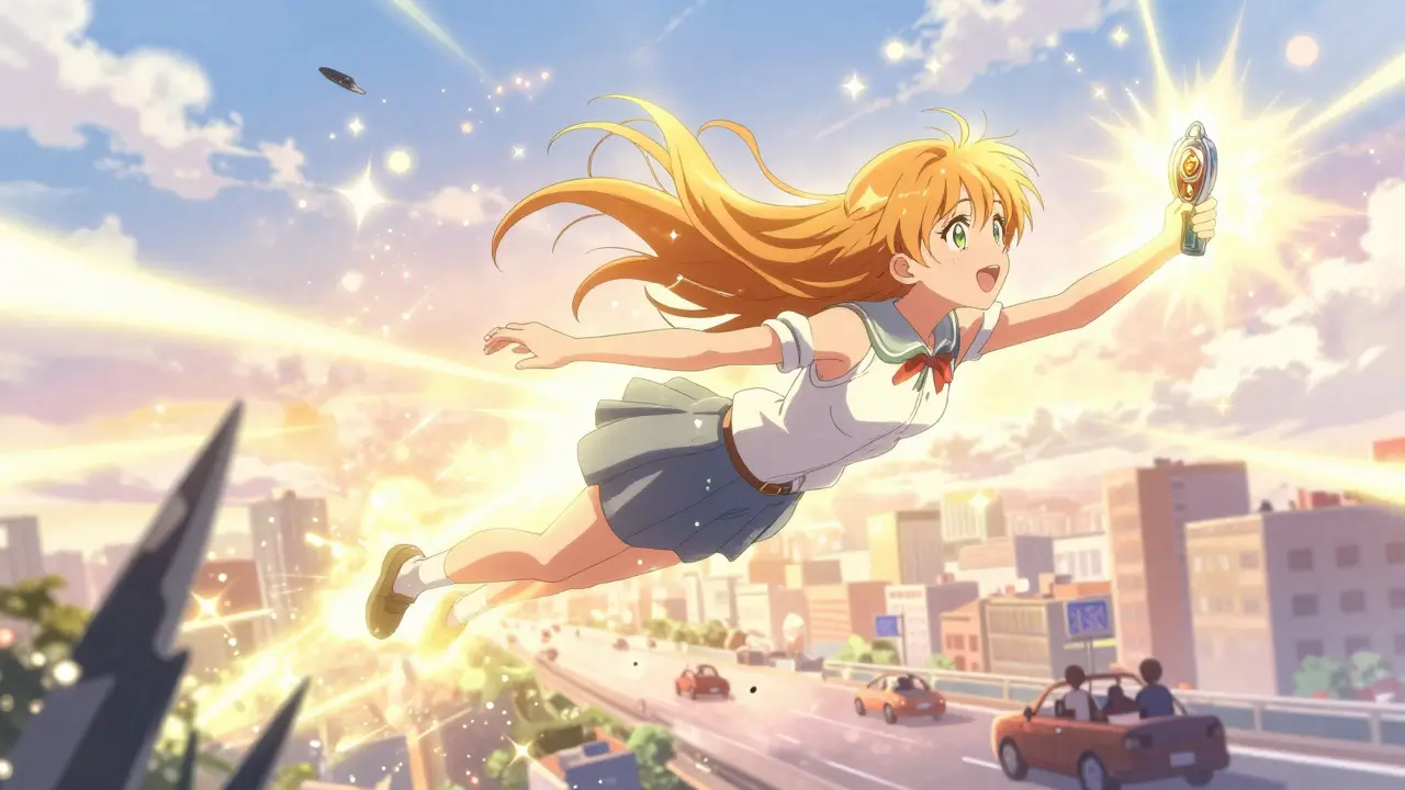 Anime heroine flying freely in sunlight after successful epilepsy surgery treatment