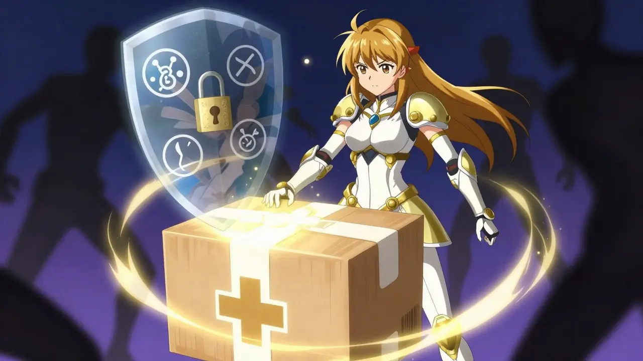 Anime heroine protecting a secure medication delivery package