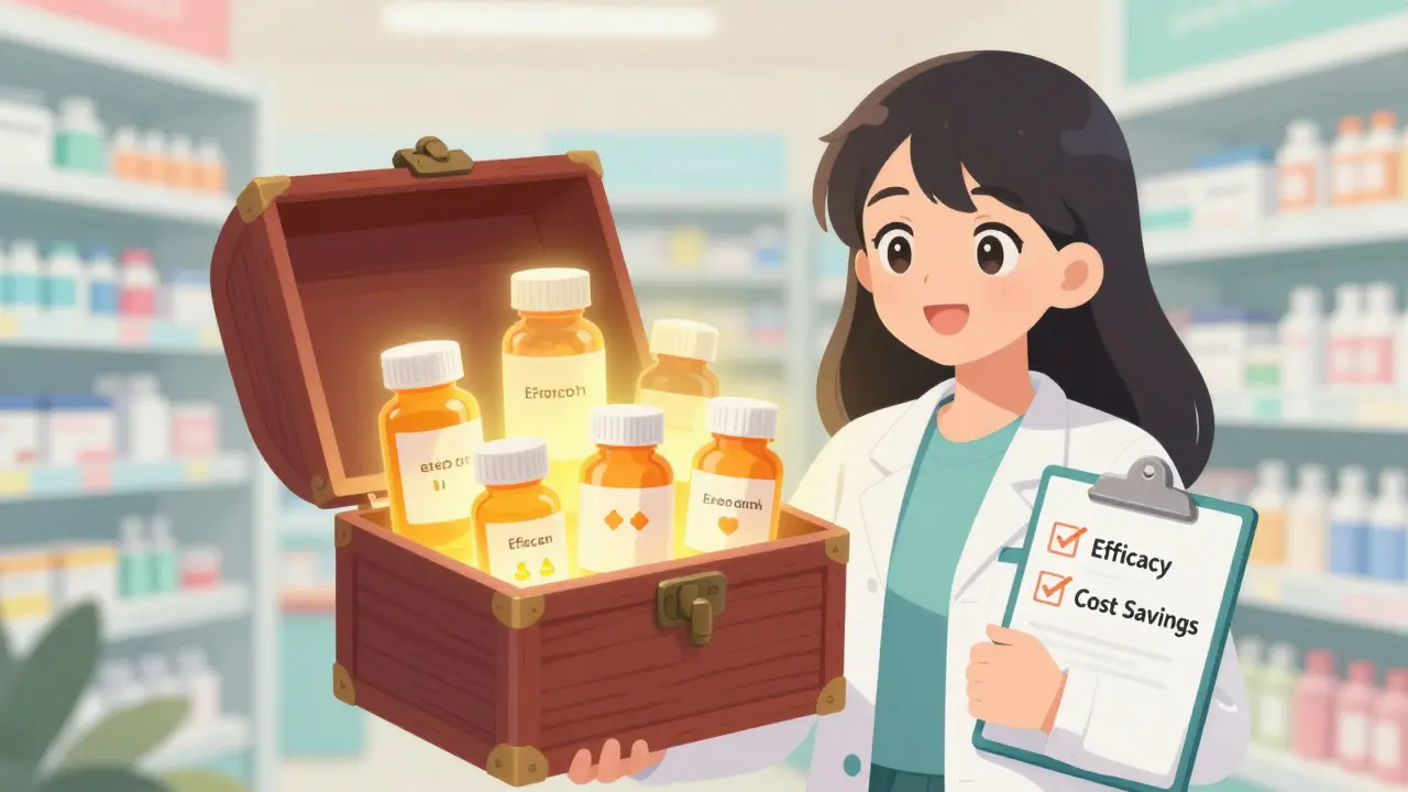 Cheerful anime pharmacist showing glowing generic medicines from a treasure chest.
