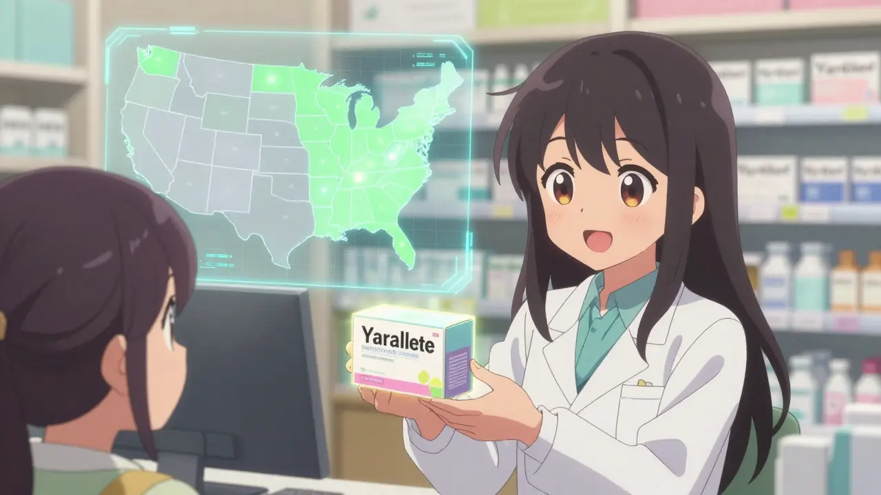 Cute anime pharmacist handing a glowing medicine box to a happy patient.