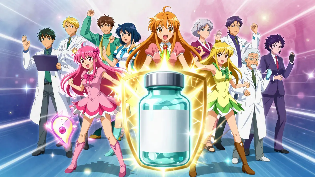 Diverse anime patients combining magical powers to protect generic medicine