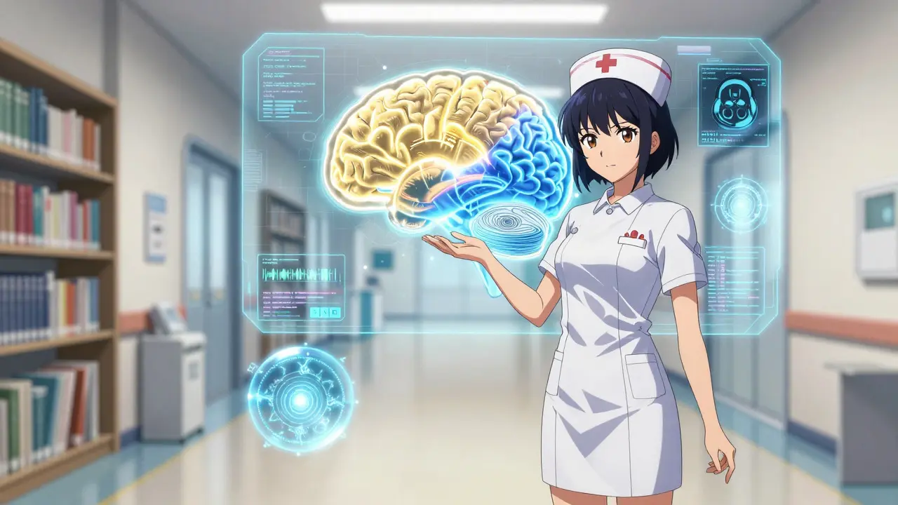 Magical girl analyzing a glowing holographic brain map in a futuristic medical setting