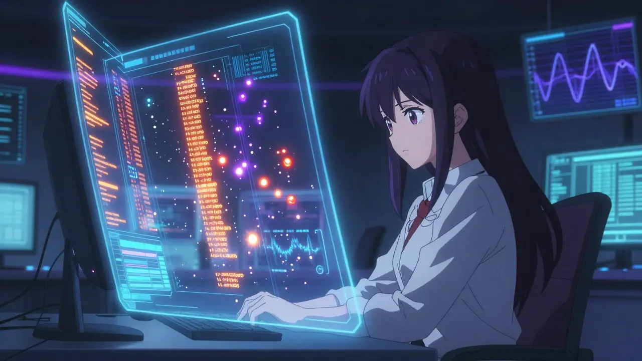 Magical girl analyzing holographic data streams for drug safety signals