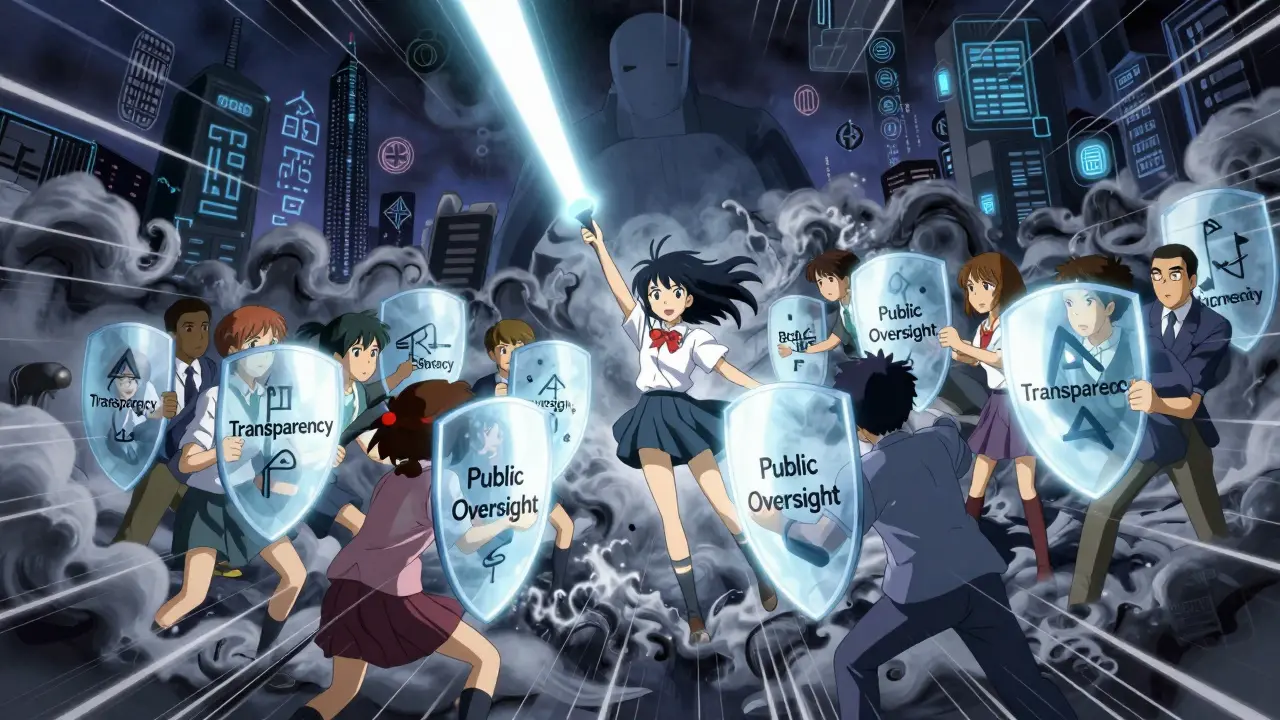 Magical girl and citizens using transparency shields to fight against dark corporate influence waves.