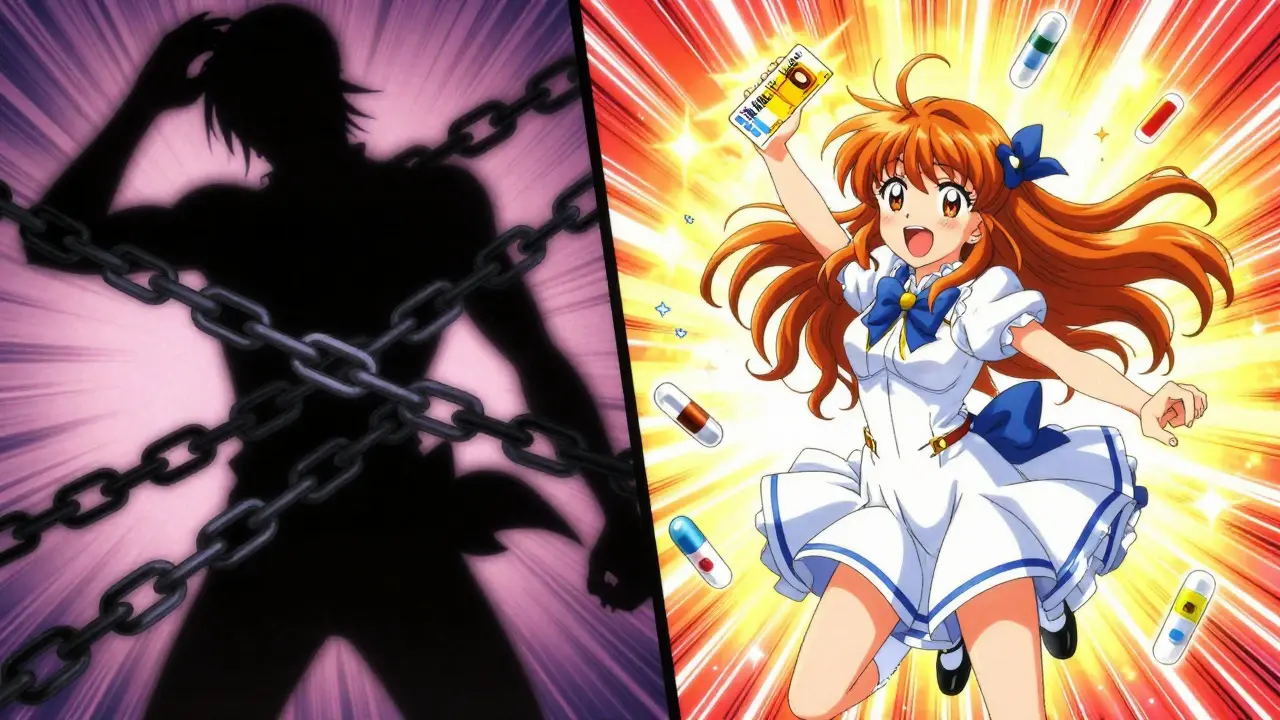 Magical girl breaking chains of high drug costs with coupons