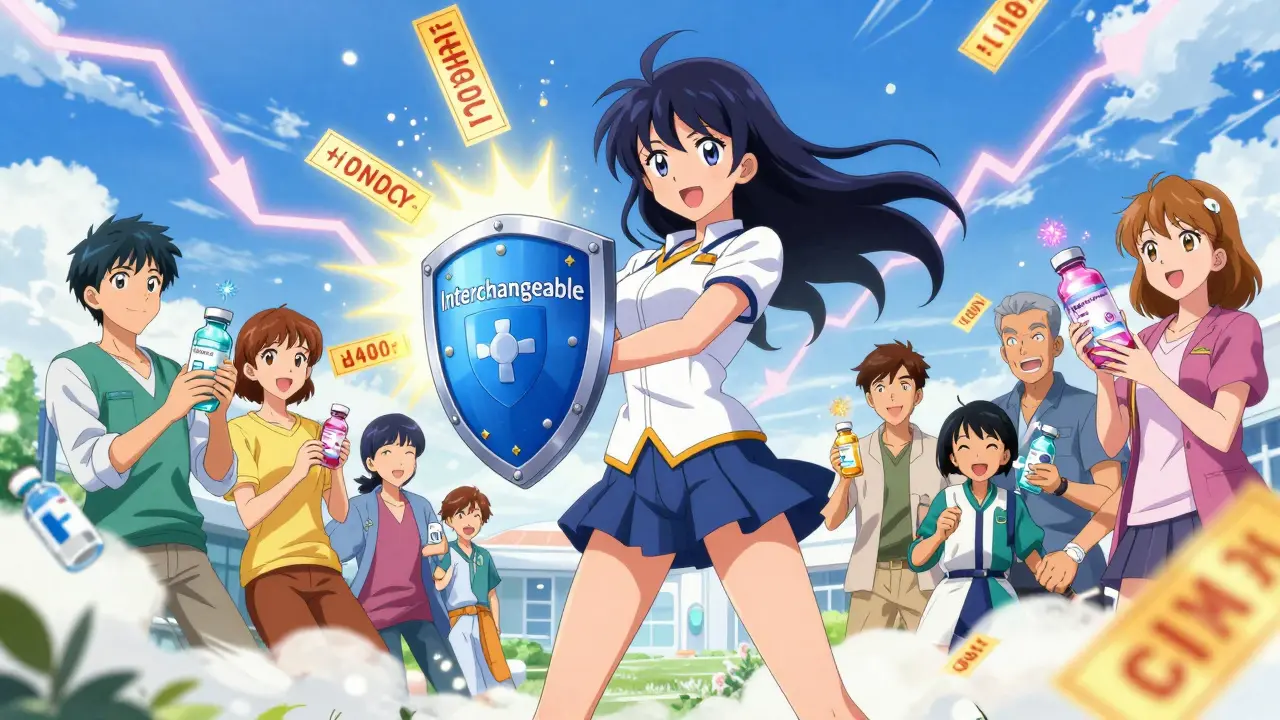 Magical girl character protecting patients from high costs with a shield.