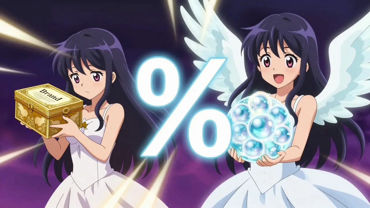 Magical girl comparing expensive brand vs affordable generic meds